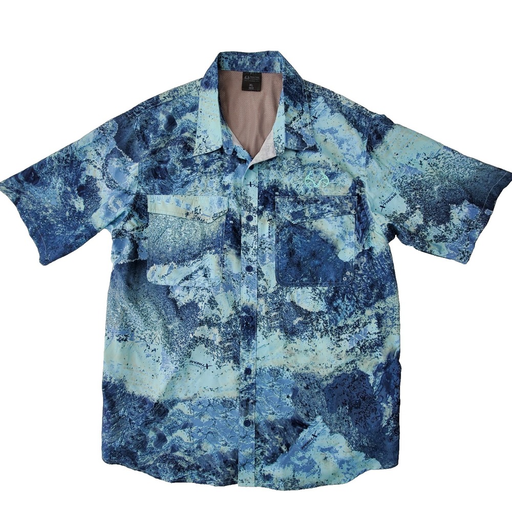 Realtree Fishing Blue Camo Button Up Shirt Mens XL Short Sleeve Performance